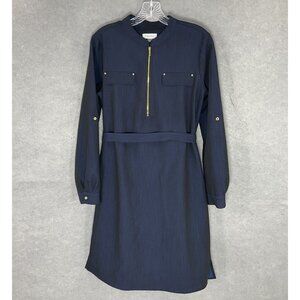 Calvin Klein Dress Women Sz M? Navy Blue Zip Belt Pockets Office Career Academia